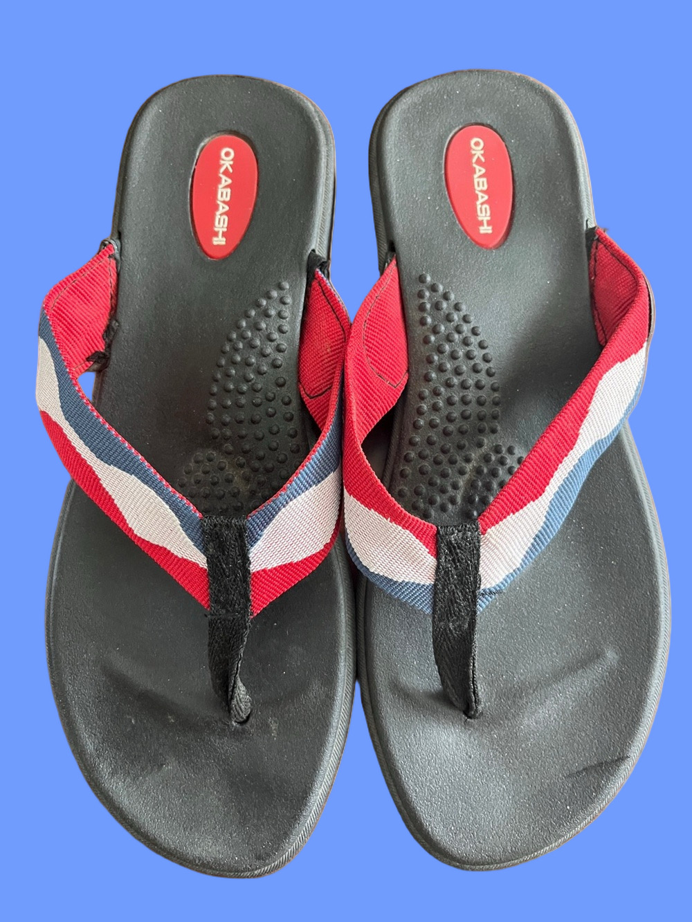 🇺🇸 Okabashi Red White Blue Strap / Black Soles Flip Flops